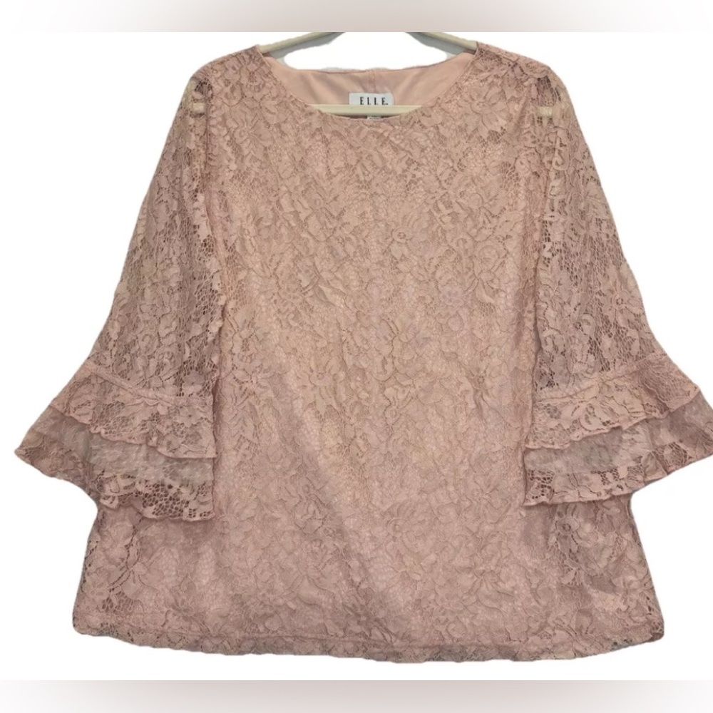 Elle Women’s Allover Floral Lace Pink Blouse Ruffles XXL Lined